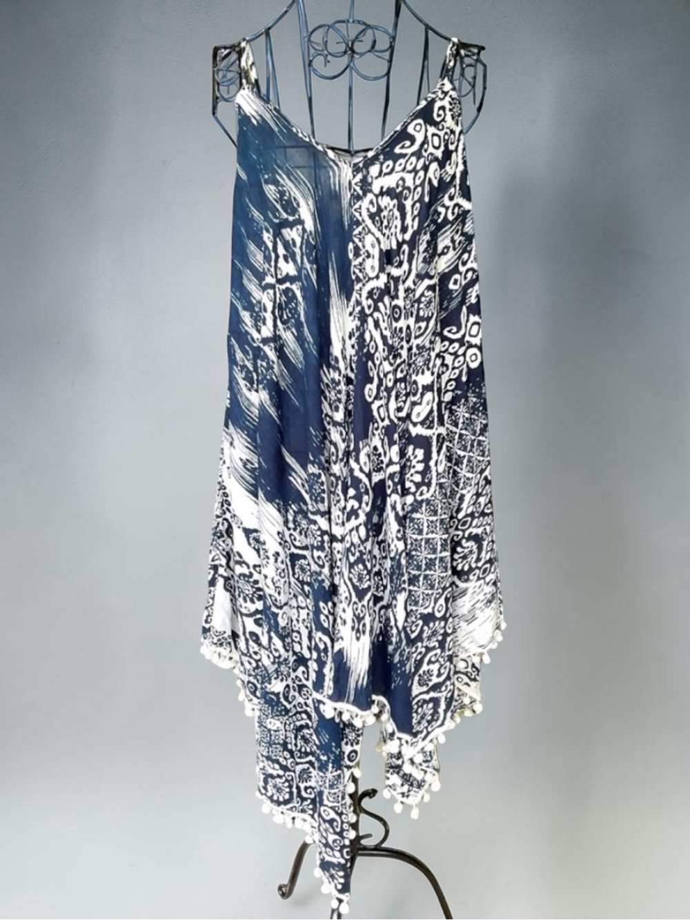 💖 Blue White Pom Pom Handkerchief Dress Cover Up 💖
